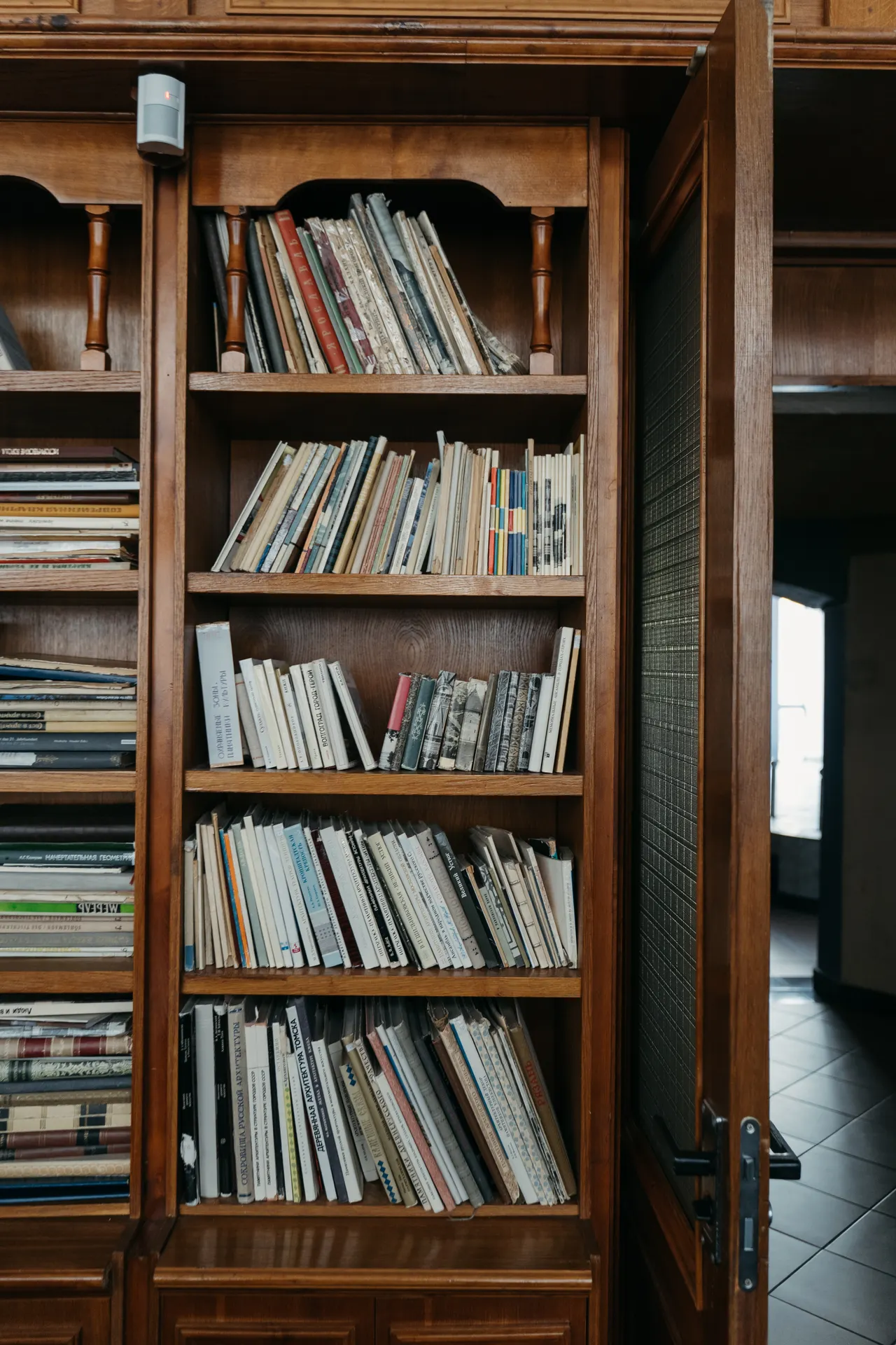 Books arranged on wooden shelves.