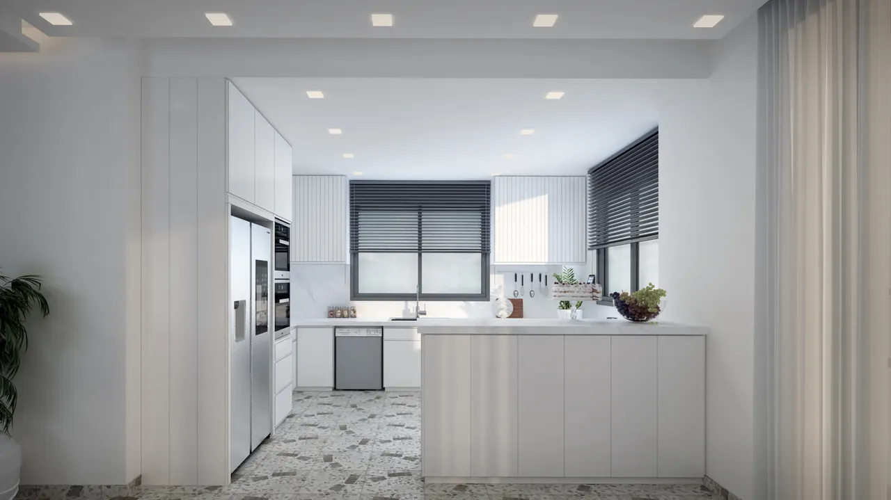 White cabinetry in a modern kitchen.